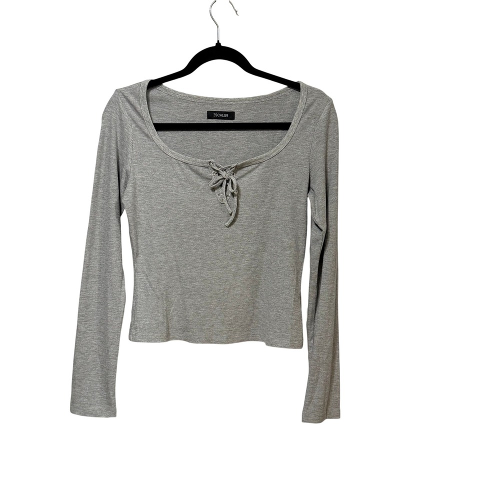 Escalier Womens Heather Grey Ribbed Lace Up Scoop Neck Long Sleeve Top Medium